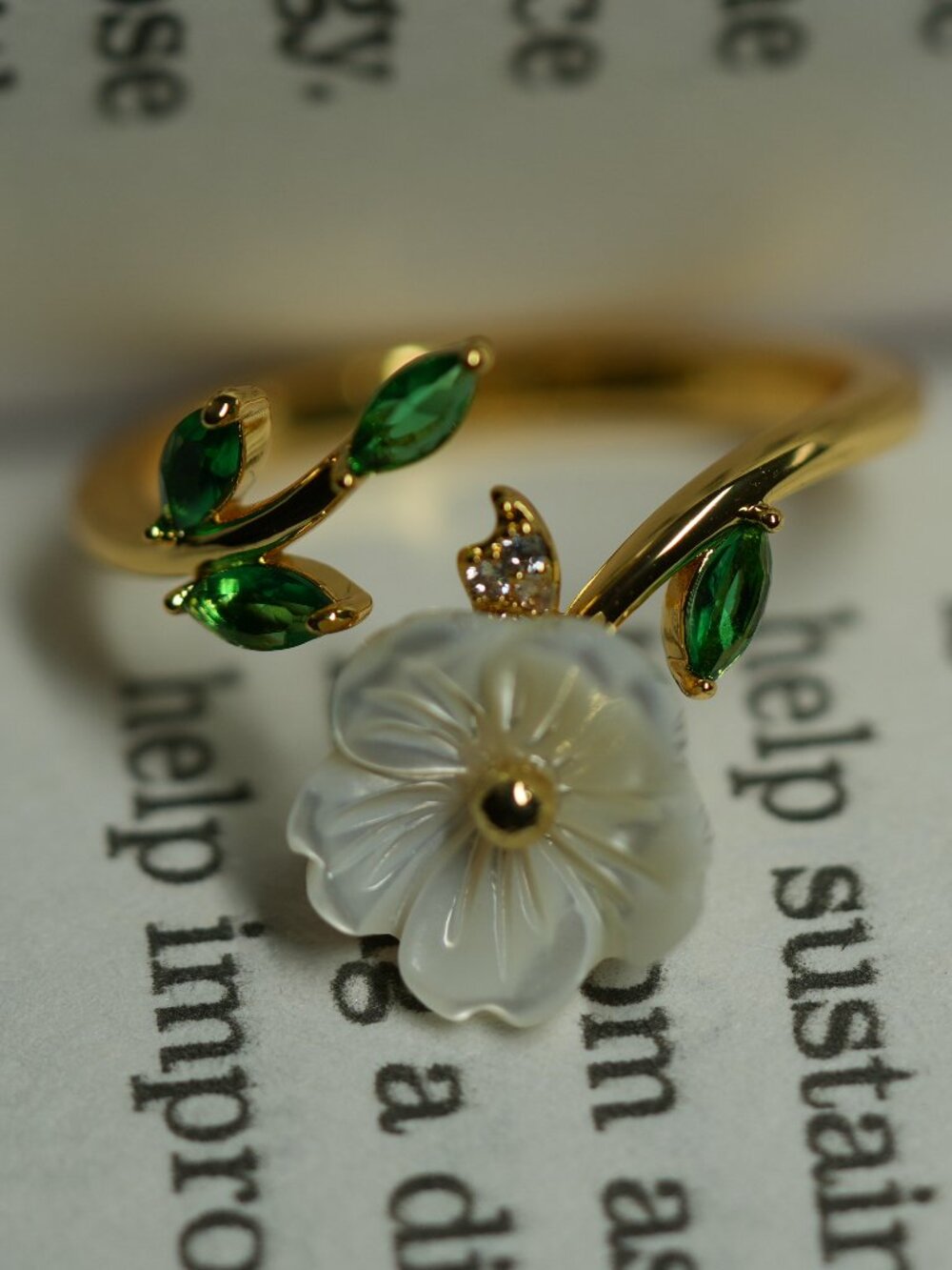 Gold Flower Ring Shell Green CZ Adjustable